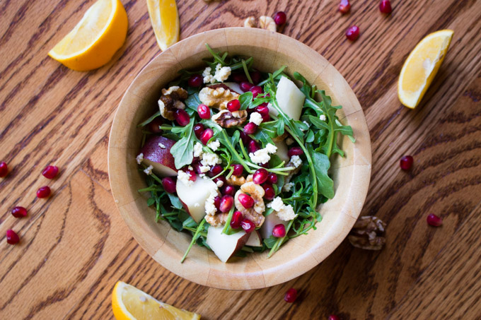 Pomegranate, Pear, and Arugula Salad with Citrus, Walnuts, and Feta