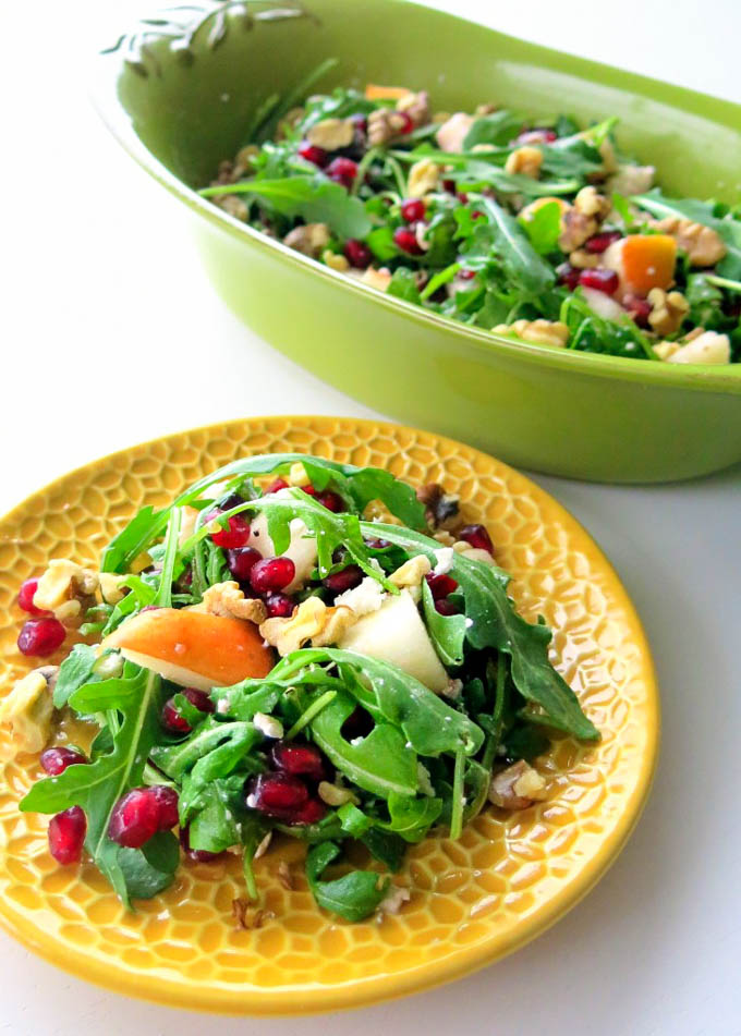 Pomegranate, Pear, and Arugula Salad with Citrus, Walnuts, and Feta