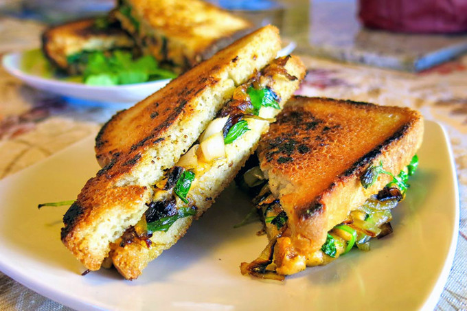 Best Ever Vegan Grilled Cheese with Caramelized Onions and Arugula