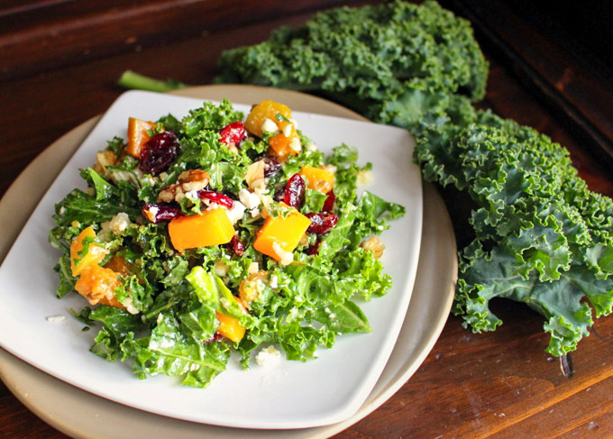 Kale and Cranberry Salad with Walnuts and Winter Squash