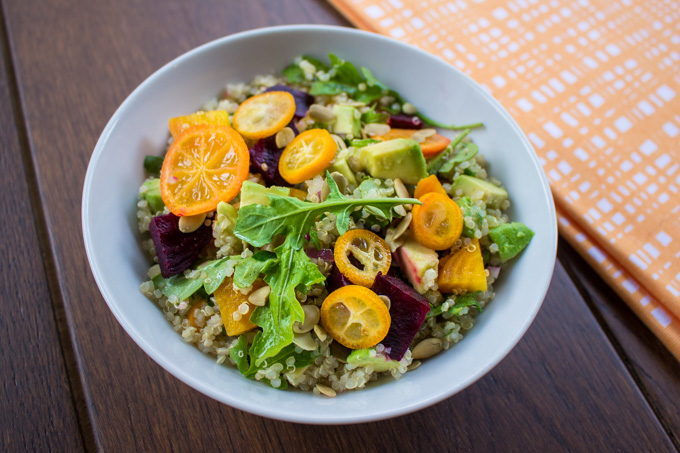 Avocado Beet Quinoa Salad with Kumquats and Pumpkin Seeds