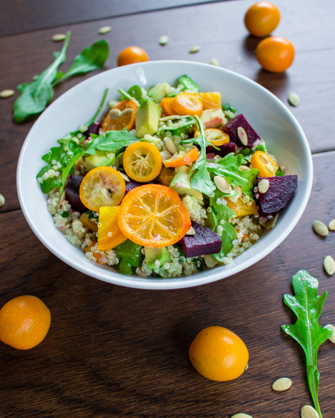 Avocado Beet Quinoa Salad with Kumquats and Pumpkin Seeds