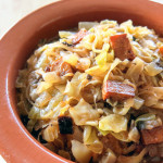 A delicious, savory, hearty sauerkraut, cabbage, and mushroom stew based on traditional Polish bigos. This plant-based recipe is paleo, vegetarian, and vegan, with the option of adding crispy smoked tofu for a chewy, flavorful, and healthy meat substitute.