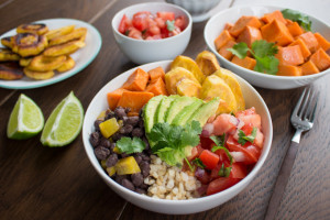 Cuban Bean & Rice Bowl with Sweet Potatoes and Fried Plantains